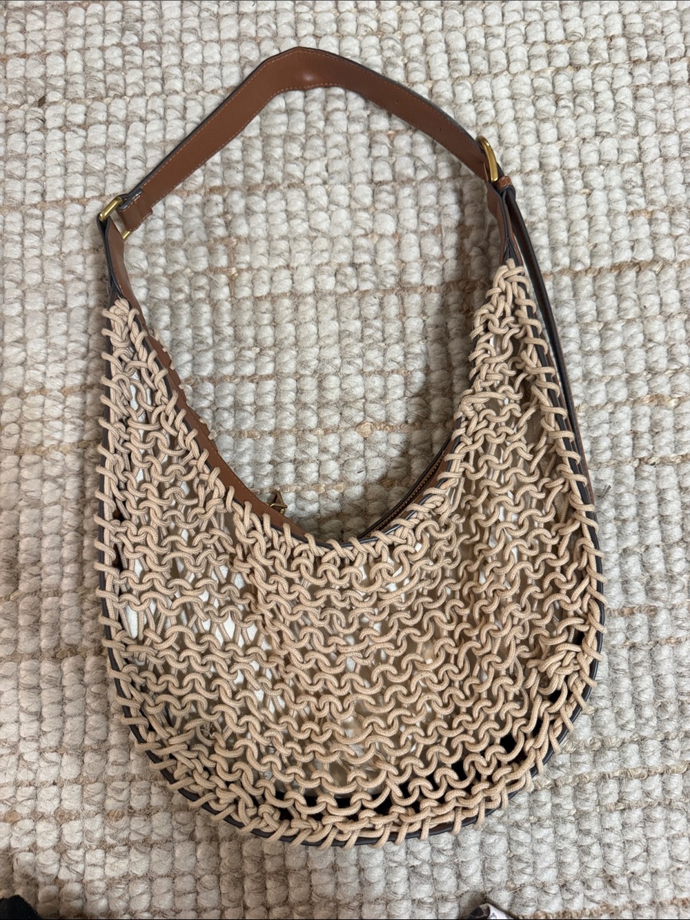 Zara Beige Woven Shoulder Bag with Brown Leather Trim